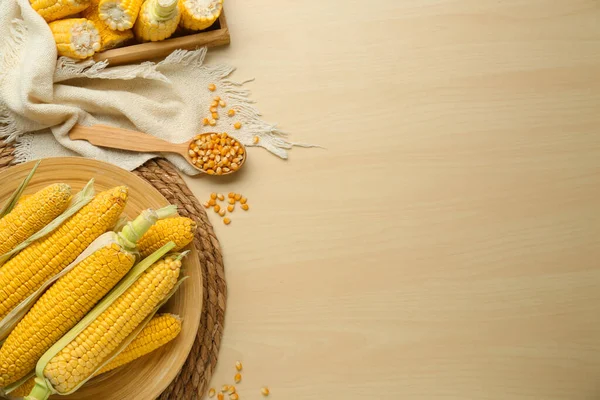 Tasty Fresh Corn Cobs Wooden Table Flat Lay Space Text — Stock Photo, Image