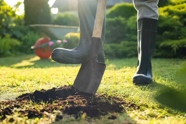 在阳光明媚的日子里 人们用铲子在室外挖土 园艺时间 — 图库照片