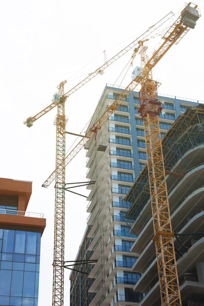 Construction Site Tower Cranes Unfinished Building Low Angle View — Photo