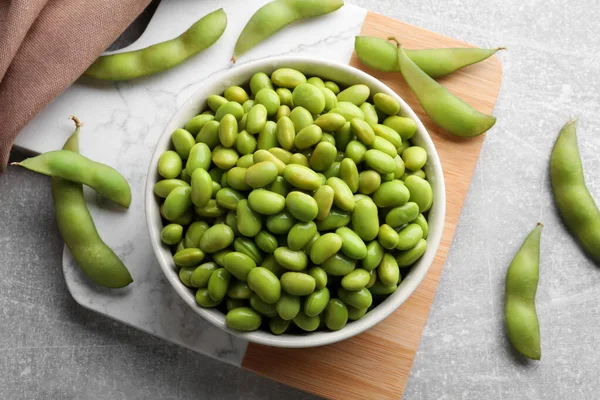 Feijão Edamame Orgânico Mesa Cinza Claro Flat Lay — Fotografia de Stock