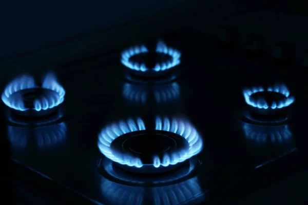 Gas Cooktop Burning Blue Flames Darkness — Foto Stock