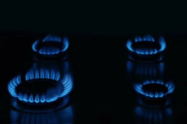 Gas Cooktop Burning Blue Flames Darkness — 图库照片