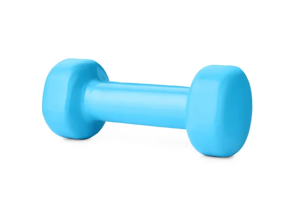 Light Blue Dumbbell Isolated White Weight Training Equipment — Zdjęcie stockowe