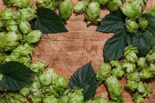 Frame of fresh green hops and leaves on wooden table, flat lay. Space for text