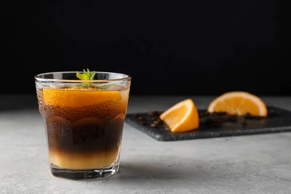Tasty Refreshing Drink Coffee Orange Juice Grey Table Space Text — Stock Fotó