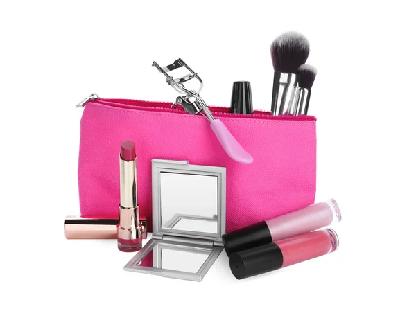 Stilvoller Taschenspiegel Und Kosmetiktasche Mit Make Produkten Auf Weißem Hintergrund — Stockfoto