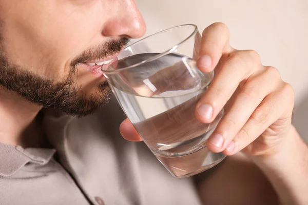 Man Drinking Water Blurred Background Closeup Refreshing Drink — Stock Photo, Image