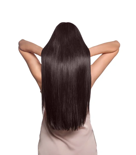 Mujer Con Cabello Fuerte Saludable Sobre Fondo Blanco Vista Posterior — Foto de Stock