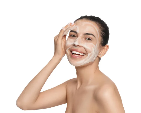 Happy Young Woman Wash Face Cosmetic Product White Background — Stok Foto