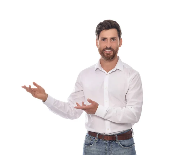 Handsome Man Gesturing White Background Weather Forecast Reporter — Photo