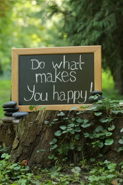 Chalkboard Kifejezéssel What Makes You Happy Stump Szabadban — Stock Fotó