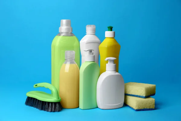 Cleaning Supplies Tools Light Blue Background — Fotografia de Stock