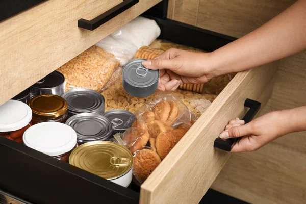 Woman Taking Food Out Open Drawer Indoors Closeup — 图库照片