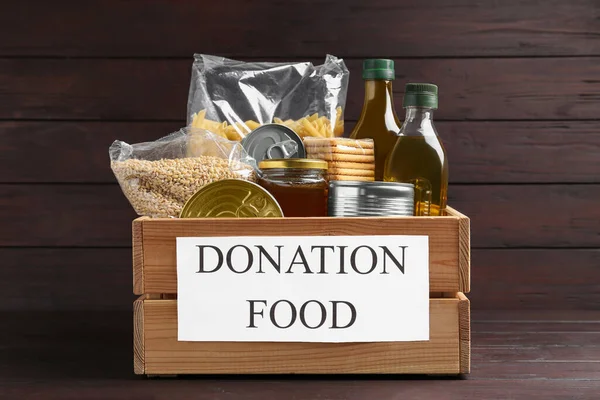 Donation Crate Food Wooden Table — Stock Fotó