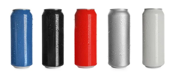 Set Different Colorful Aluminium Cans Beverage White Background Banner Design — Stock Photo, Image