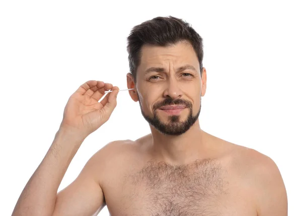 Homem Emocional Limpando Ouvidos Sofrendo Dor Fundo Branco — Fotografia de Stock