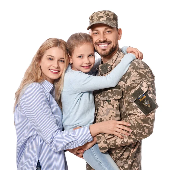 Soldaat Oekraïense Militaire Uniform Herenigd Met Zijn Familie Witte Achtergrond — Stockfoto