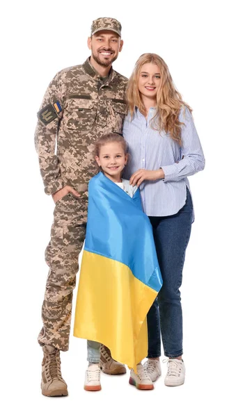 Soldato Uniforme Militare Riunito Con Sua Famiglia Bandiera Ucraina Sfondo — Foto Stock