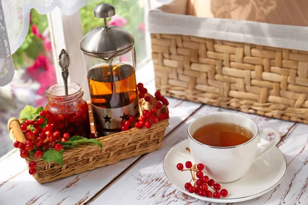 Cup Hot Drink Viburnum Berries White Wooden Table Indoors — 스톡 사진