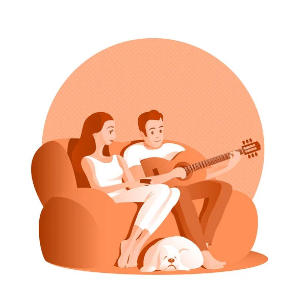 若い夫婦がソファに座っている 男はギターで音楽を演奏し 女の子は喜びに耳を傾ける スパニエルの犬が足の近くで寝ている ベクターイラスト — ストックベクタ