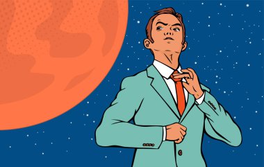 Bir iş adamı Mars 'a uçmayı hayal eder. Kariyer, iş tanıtımı ve uzay keşfi. Vektör karikatür pop sanat illüstrasyonu