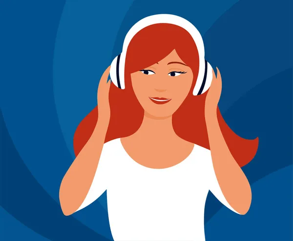 Κορίτσι Ακούει Μουσική Ακουστικά Χαρούμενο Πρόσωπο Επίπεδη Απεικόνιση — Φωτογραφία Αρχείου