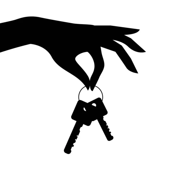 Женская Рука Ключами Черный Силуэт Белом Фоне Новый Дом Машина — стоковый вектор