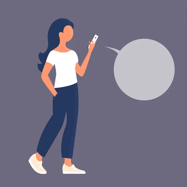 Una Hermosa Chica Habla Por Teléfono Burbuja Para Texto Concepto — Vector de stock