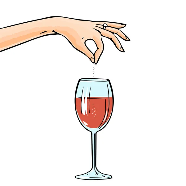 Eine Frau Gießt Gift Oder Schlaftabletten Ein Glas Wein Rache — Stockvektor