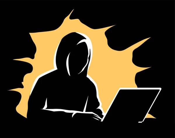 Mannelijke Hacker Een Laptop Donker Silhouet Met Gesloten Gezicht Cybercriminaliteit — Stockvector