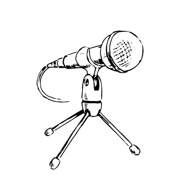 Esboço Preto Branco Microfone Mesa Radiodifusão Gravação Voz Ilustração Vetorial — Vetor de Stock