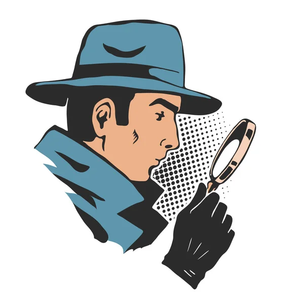 男侦探手里拿着放大镜头上戴着一顶帽子 调查和寻找证据 矢量草图说明流行艺术 — 图库矢量图片