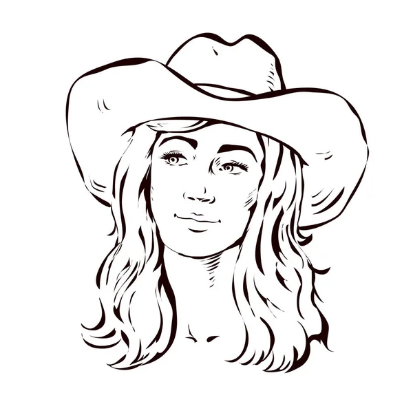 Junges Schönes Mädchen Mit Cowboyhut Lange Haare Hübsches Gesicht Wilder — Stockvektor