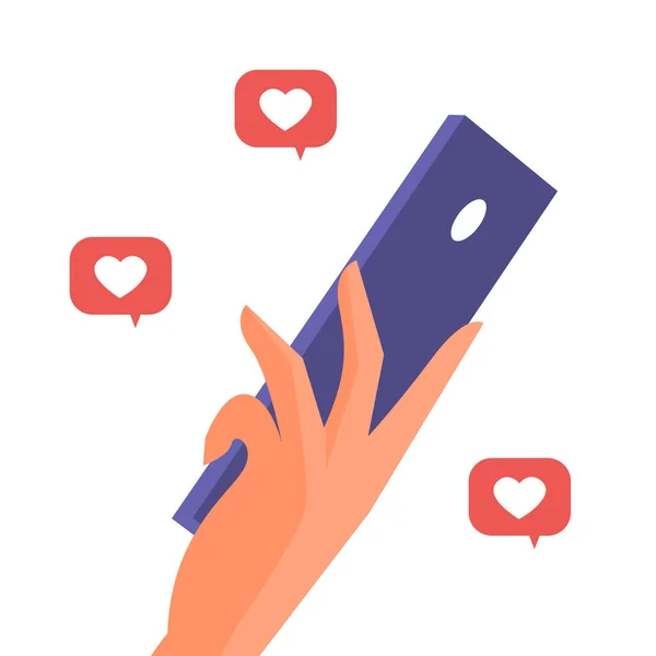 Main Féminine Avec Smartphone Aime Communication Sur Réseau Social Illustration — Image vectorielle