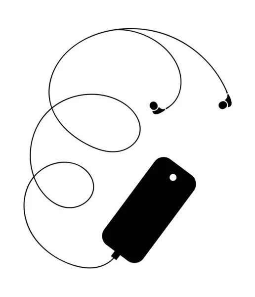 Telli Kulaklıklı Siyah Bir Cep Telefonu Silueti Müzik Radyo Ses — Stok Vektör