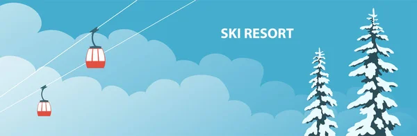 Kayak Merkezi Kablolu Araba Karda Yedik Mavi Gökyüzü Bulutlu Bir — Stok Vektör