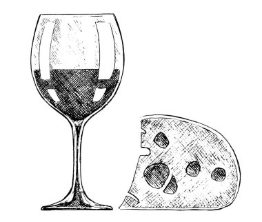 Bir bardak kırmızı şarap ve gouda peyniri. Üzümlü alkollü içecek ve süt ürünleri. Mükemmel kombinasyon. Lezzetli yemek. Retro biçiminde siyah ve beyaz vektör izole edilmiş görüntü