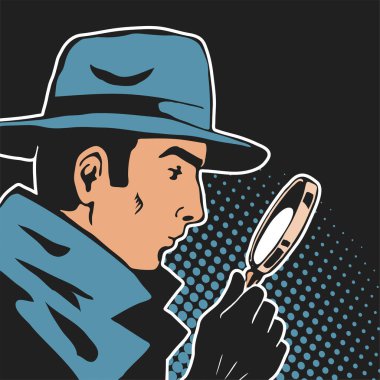 Male detective with a magnifying glass in his hand. On the head is a hat. Investigation and search for evidence. Vector sketch illustration pop art. Black background