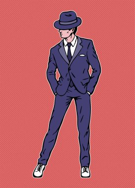 Dance of a young man in a retro suit with a tie and hat. Jazz or swing. Silhouette sketch. Vector color art illustration hand drawn. Pop art style