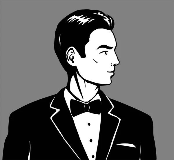 Drawing Portrait Elegant Gentleman Young Handsome Man Tuxedo Bow Tie — Stockvector