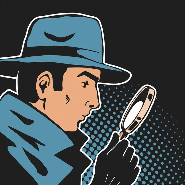 Male detective with a magnifying glass in his hand. On the head is a hat. Investigation and search for evidence. Vector sketch illustration pop art. Black background