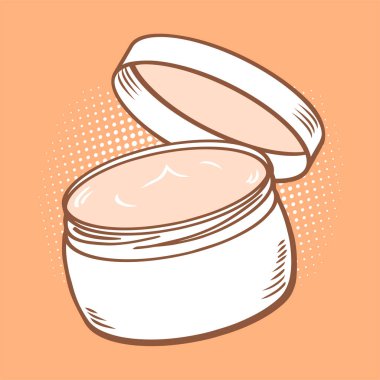 Women skin cream with open lid. Cosmetic skin care. Vector pop art illustration hand drawn