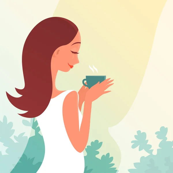 Young Beautiful Girl Cup Tea Happy Moment Looks Out Open — Stockvector