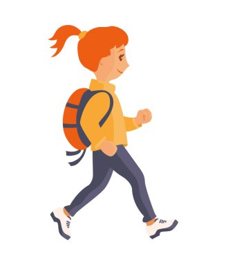 Little girl walks with a backpack. Red hair, a happy smile on my face. Hiking tourist or schoolgirl. Vector isolated illustration in cartoon style on a white background