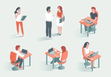 Modern young men and women work in the business office. Set of people. Sit at laptops, talk on the phone. Vector isometric illustration