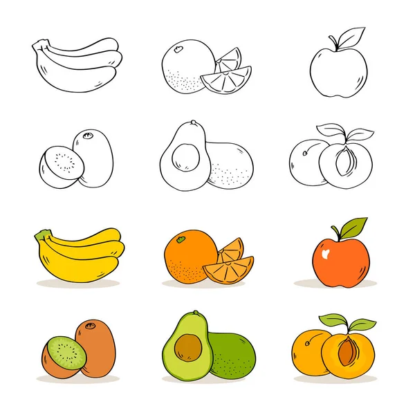 Sada Ovoce Bílém Pozadí Banány Kiwi Avokádo Pomeranč Jablko Meruňky — Stockový vektor