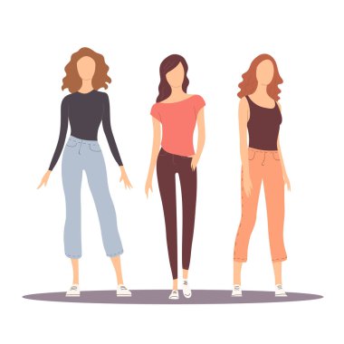 Yaz kıyafetleri içinde güzel modern kızlar. Moda modelleri. Vektör izole edilmiş düz çizim. Beyaz arkaplan