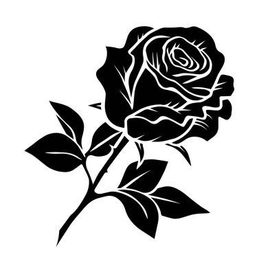 Beyaz arka planda siyah bir gül silueti. Logo ve tasarım. Dekoratif çiçek elementi. Vektör izole sanat çizimi