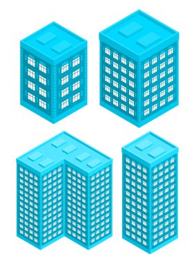 İzometrik tarzda binalar dizisi. Yerleşim yüksek evleri. Beyaz arkaplanda izole edilmiş vektör illüstrasyonu