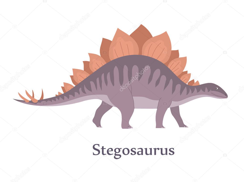 Stegosaurus with spikes on the tail. Herbivorous dinosaur of the Jurassic period. Vector isolated cartoon illustration. White background